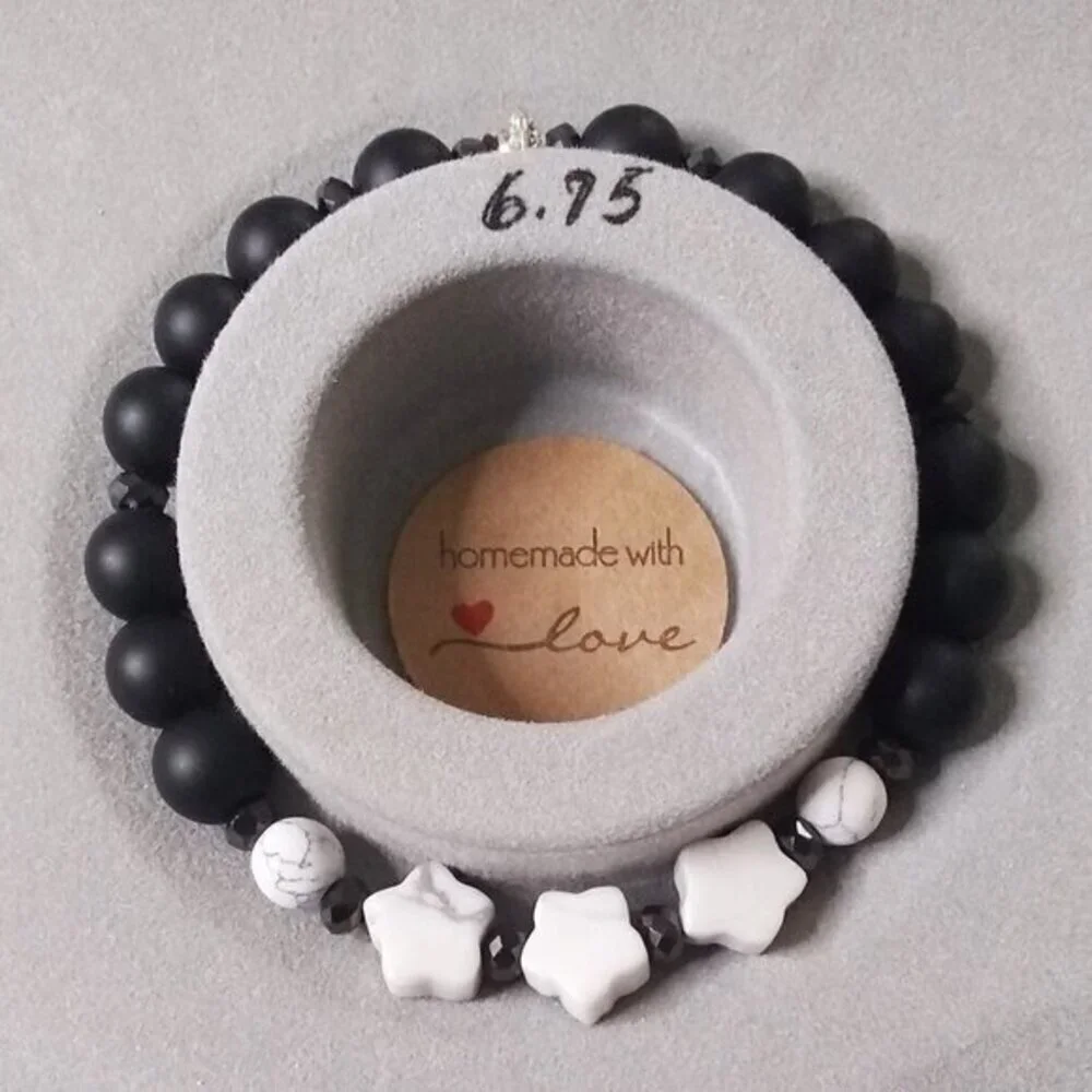 Black Stone + Gray Howlite Stars | Girl Teen Tomboy | Beaded Stretch Bracelet - Picture 5 of 7